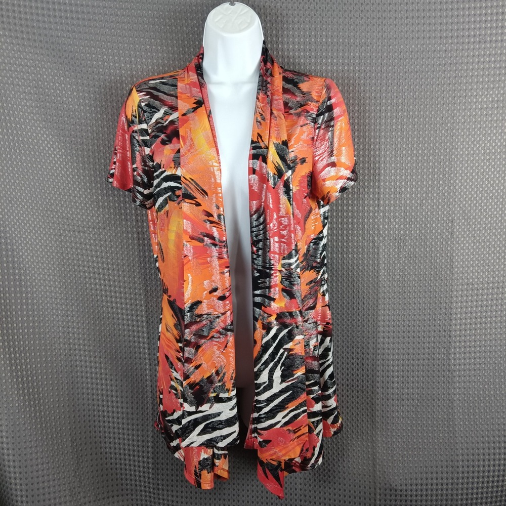 Frank Lyman Womens Size 10 Open Front Draped Jacket Top Abstract Animal Print